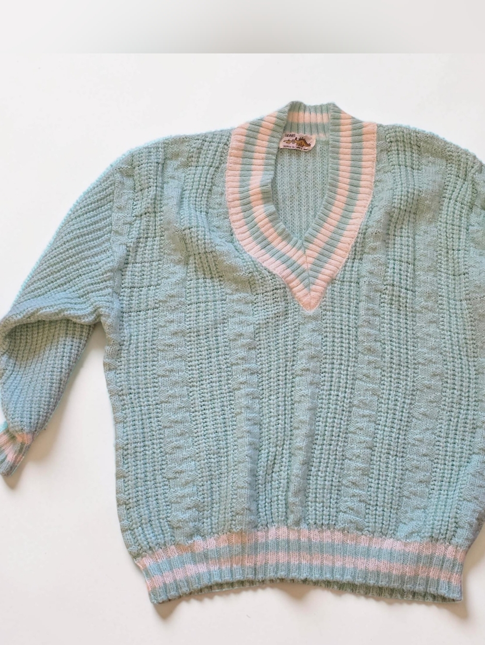 SEARS Cable Knit - Vintage 1980's Mint Green V-Neck Varsity Pullover Sweater